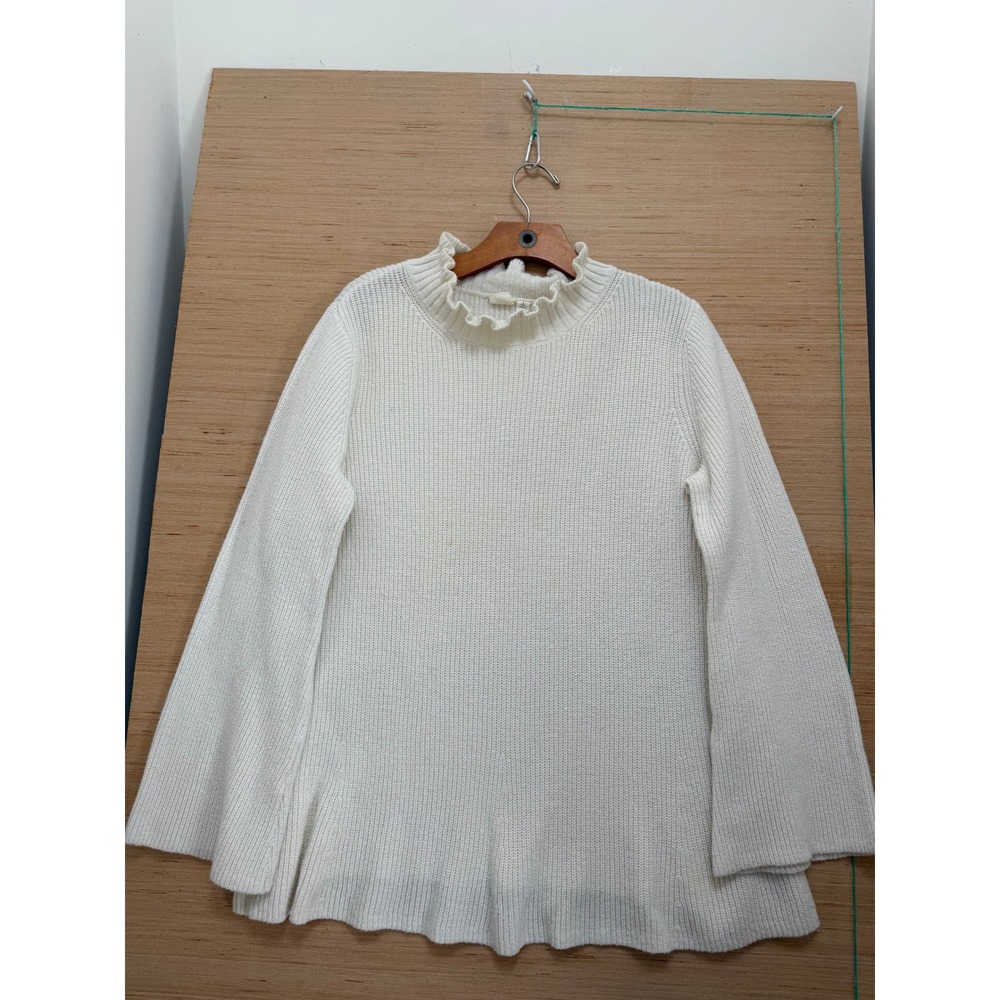 Gap Tall Off White Ribbed Ruffle Mock Neck Bell‎ Sleeve Sweater Large L Tall